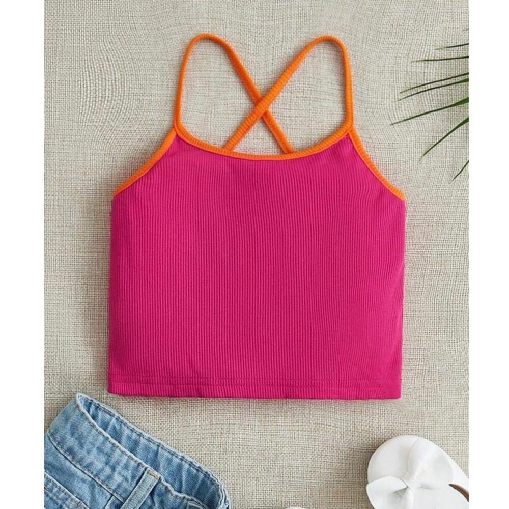 SHEIN Cross Back Hot Pink Strappy Spaghetti Strap Crop Top Medium